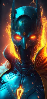 Fiery masked character with orange flames in HD wallpaper.