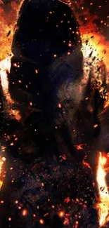 Mystical hooded figure amidst fiery flames in striking artwork.