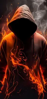 Fiery hooded figure with flames and smoke on a dark background.