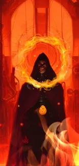 Hooded figure with fiery aura and intense flame background.