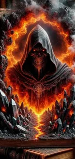 Hooded figure with fiery crystals, dark fantasy art wallpaper.