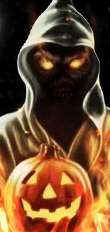 Hooded figure with fiery pumpkin and dark Halloween theme.