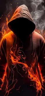 Hooded silhouette with fiery flames against a dark background.