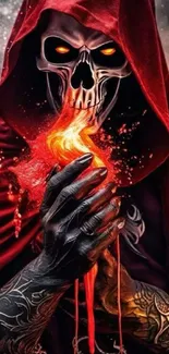 Skeletal figure in red hood with fiery hands in dark wallpaper.