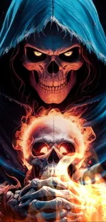 Fiery skull with a hood in blue and flames.