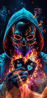 Hooded figure with fiery skull holding burning cards.