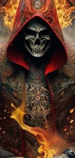 Illustrated fiery hooded skull design with intricate details.