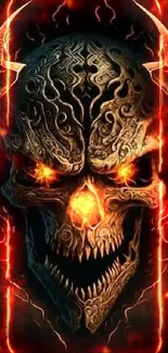 Intricate fiery skull with glowing eyes and horns on a dark background.