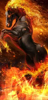 Fiery horse engulfed in flames with lava backdrop.