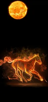 Fiery horse running beneath a glowing sun on a black background.