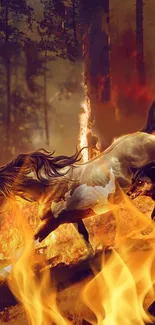 Horse and wolf racing through fiery forest flames wallpaper.