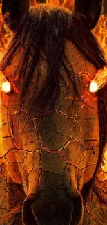 Mobile wallpaper of a fiery horse with glowing eyes surrounded by flames.