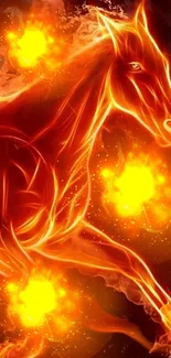 Fiery horse with glowing flames in fantasy art wallpaper.