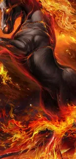 A dynamic fiery horse leaps amid flames, showcasing a fantasy theme.