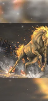 Fiery horse galloping in a mystical, dark landscape wallpaper.