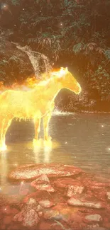 Fiery horse in a mystical forest setting with glowing light.