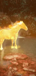 Fiery horse in a mystical forest setting, exuding vibrant hues.