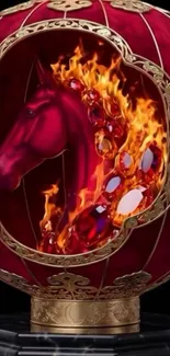 Fiery horse inside a red ornate globe.