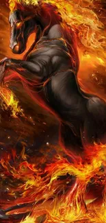 Fiery horse engulfed in flames on mobile wallpaper.