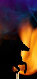 Silhouette of a horse with vibrant orange flames and purple smoke background.