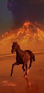 Horse runs on fiery lava beach under volcano eruption.