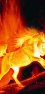 Fiery horse with glowing orange flames against a dark background for mobile wallpaper.