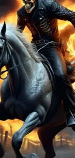 Fiery skeleton rider on horse with a flaming background.