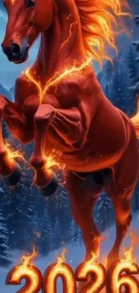 Fiery horse with flaming mane in snowy forest, 2026-themed.