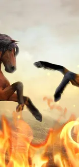 Two horses rearing amidst fire in a vibrant, dynamic scene.