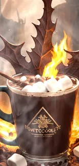 Fiery hot chocolate with marshmallows and flames in a cup.