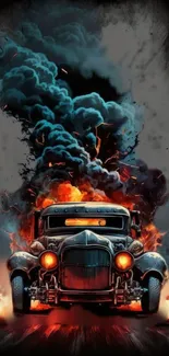 Fiery hot rod with flames and smoke in dramatic wallpaper design.