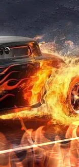 Hot rod with flames blazing on the road in a dynamic display of speed.