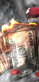 Burning hundred-dollar bills with red lips and nails on mobile wallpaper.