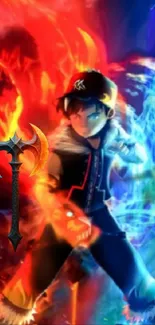 Anime warrior with fiery ice powers in a vibrant fantasy design.