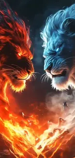 Fiery and icy lions in epic battle art.