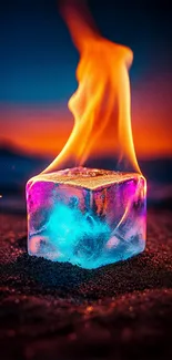 A colorful ice cube with flames against a dark background.