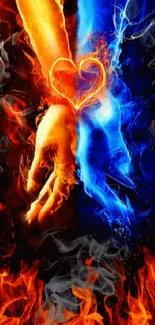 Vivid fire and ice hand art with heart, blending colors in dynamic contrast.