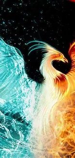 Dynamic phoenix with fire and ice elements in vivid colors.