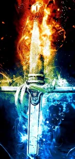 A sword with fiery flames and icy blue effects in a fantasy art style.