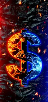 Fiery and icy dollar symbol on vibrant phone wallpaper.