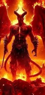 Demonic figure with fiery wings in an inferno background.