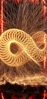 Fiery infinity loop with sparks on dark background.