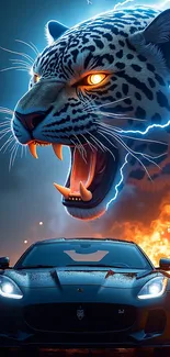 A fiery jaguar with glowing eyes and a sleek sports car in an electrifying scene.