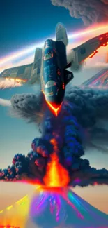 Jet soaring over an erupting volcano with fiery colors and dynamic clouds.