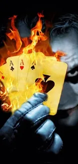 Joker with flaming playing cards in a dark theme.