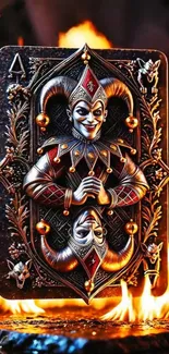 Joker card amidst vibrant flames showcasing artistry.
