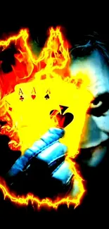 Joker holding fiery playing cards with dark background.