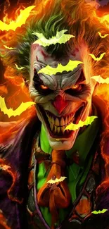 Fiery Joker with intense flames, vibrant colors on mobile wallpaper.