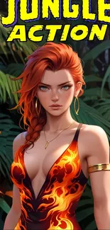 Fiery warrior in jungle setting, vibrant mobile wallpaper.