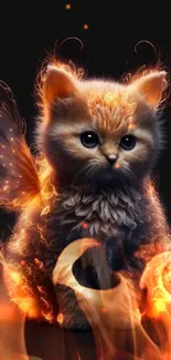 A fantasy kitten with fiery wings on a black background.